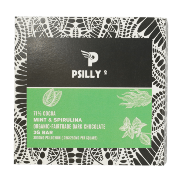 Psilly – Dark Chocolate Bar – Mint & Spirulina | The High Club Canada Psilly – Dark Chocolate Bar – Mint & Spirulina | The High Club Canada